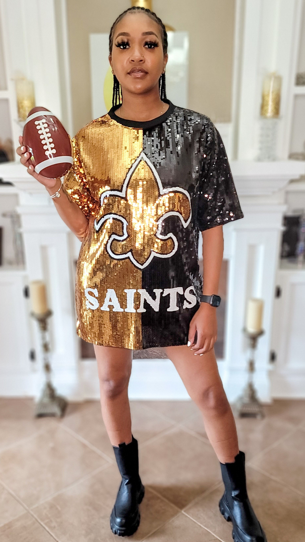 new orleans saints women's jersey dress New Orleans Saints Women's "Golden Split" Sequin Jersey Dress The Who Dat Store