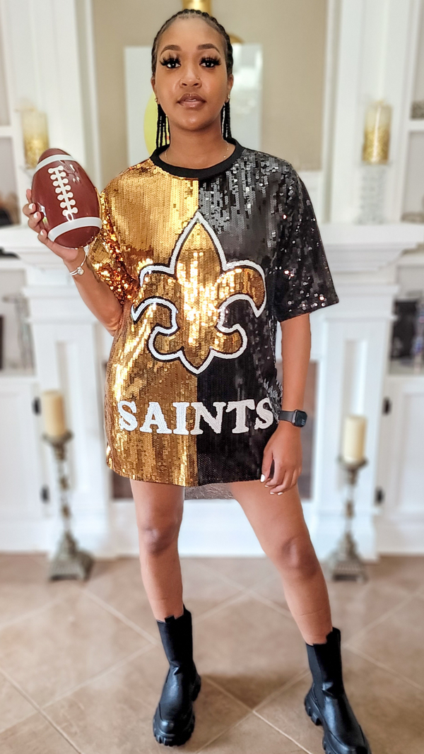 Sparkles Apparel Saints Glitter Women’s Jersey Shirt, New Orleans Football Medium / Black